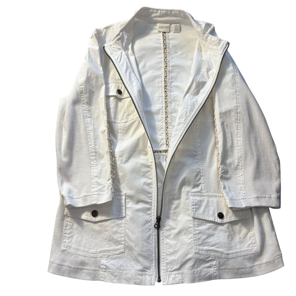 Chicos Zenergy White Zip-Up Jacket With Crochet Trim Chicos Size 2 - Picture 10 of 14